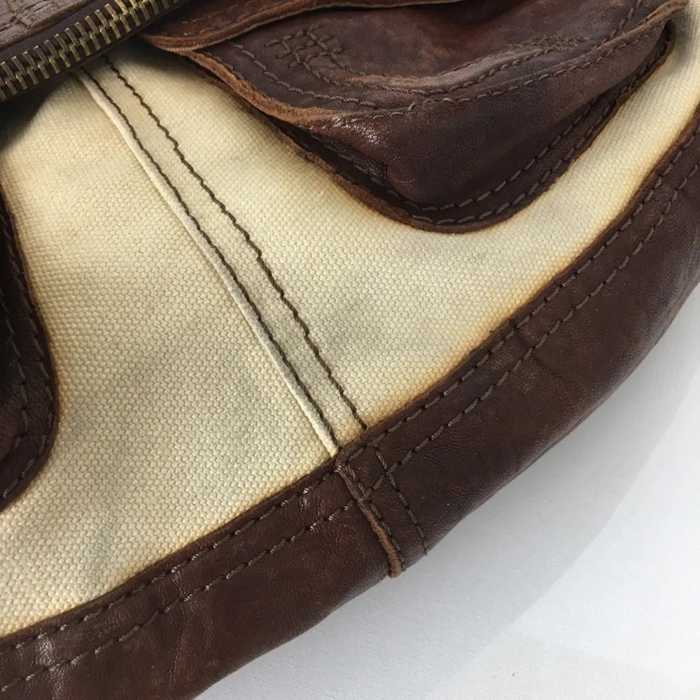 Lucky Brand Italian Leather & Canvas Shoulder Bag Brown Tan Hobo Bag Purse